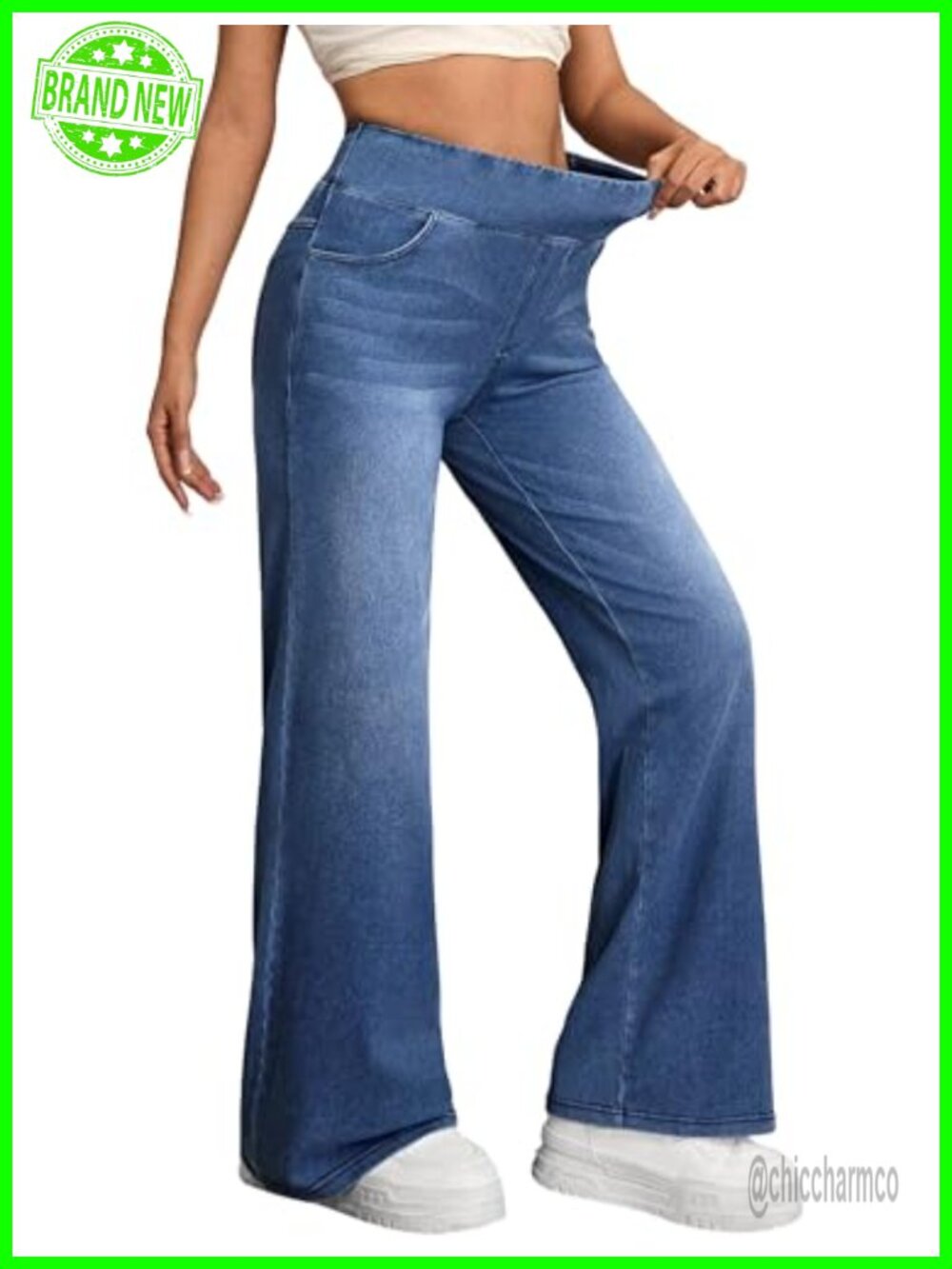 Wide Leg High Waisted Pull On Stretchy Jeans